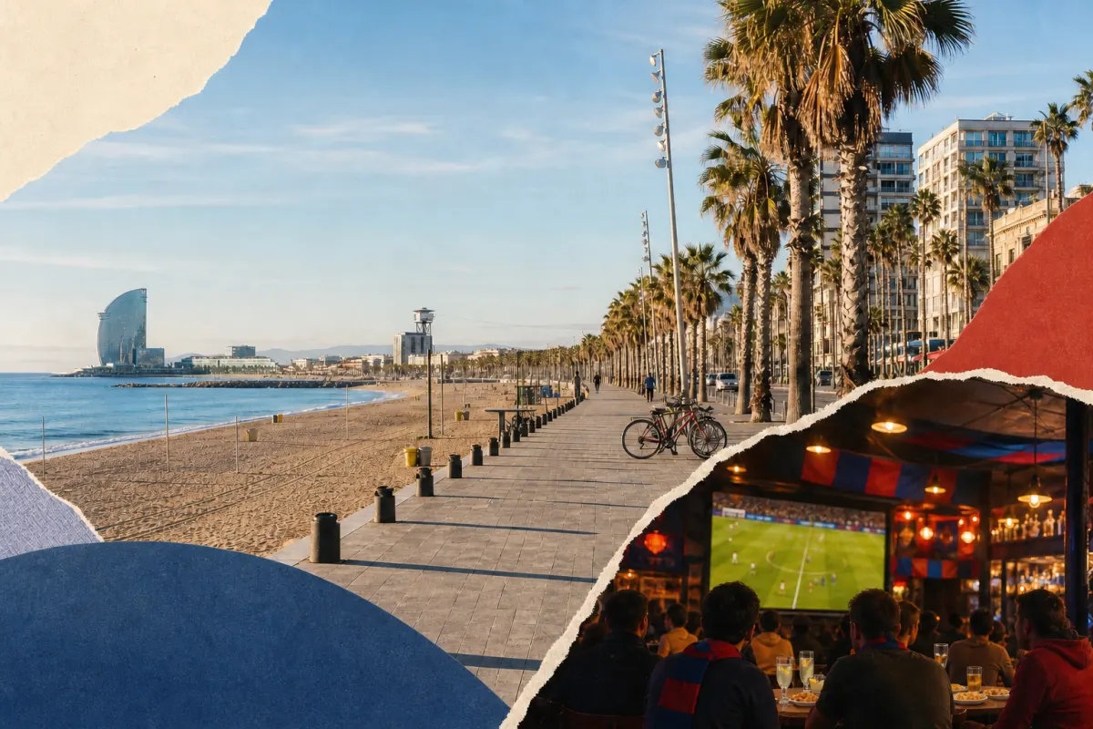 ポブレノウの海辺とノンアルコールでのサッカー観戦を重ねた旅行コラージュ