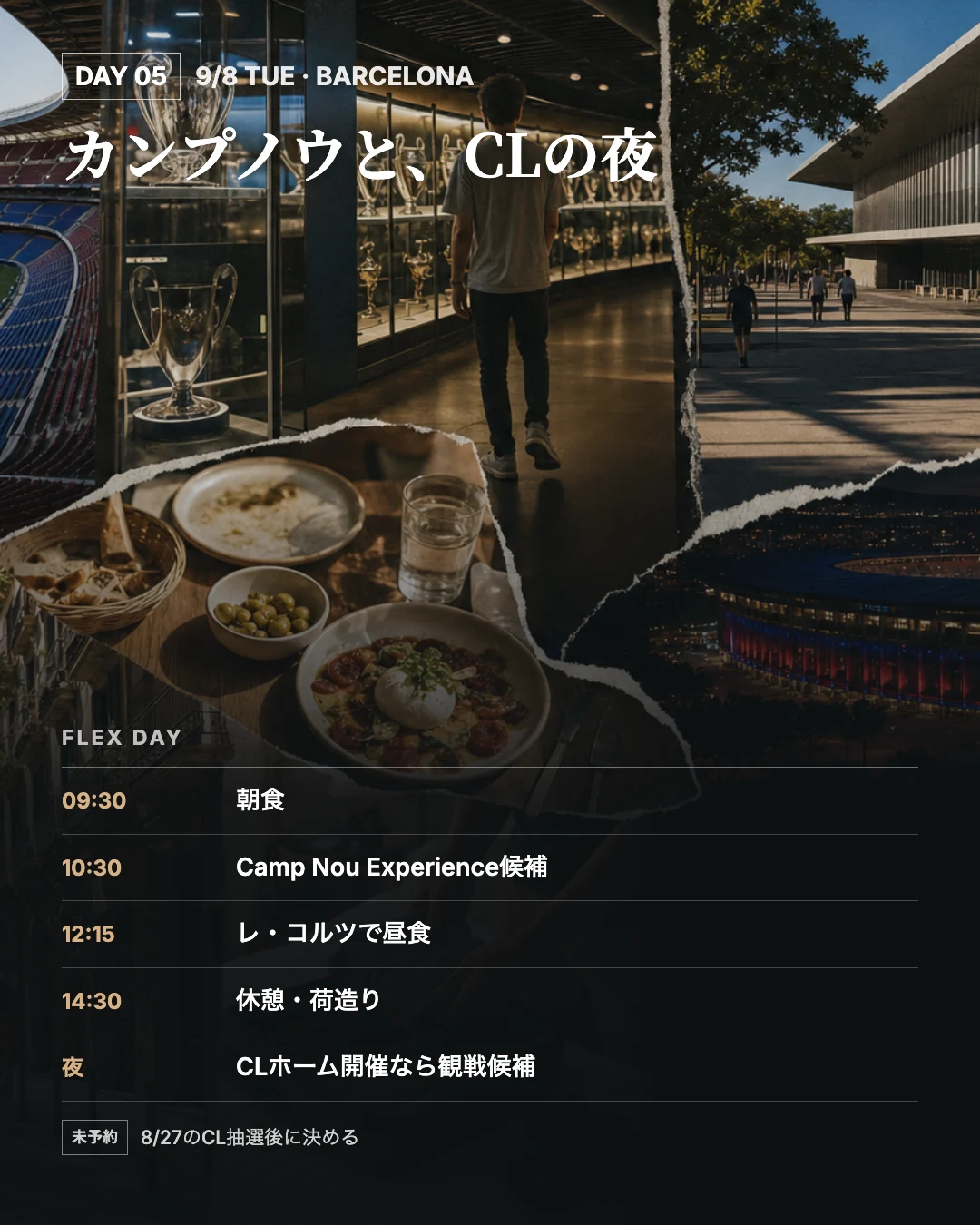 9月8日のカンプノウ見学候補とCL分岐の時間割を重ねた旅行誌面