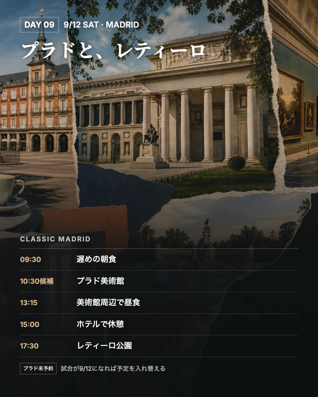 9月12日のプラド美術館とレティーロ公園の時間割を重ねた旅行誌面