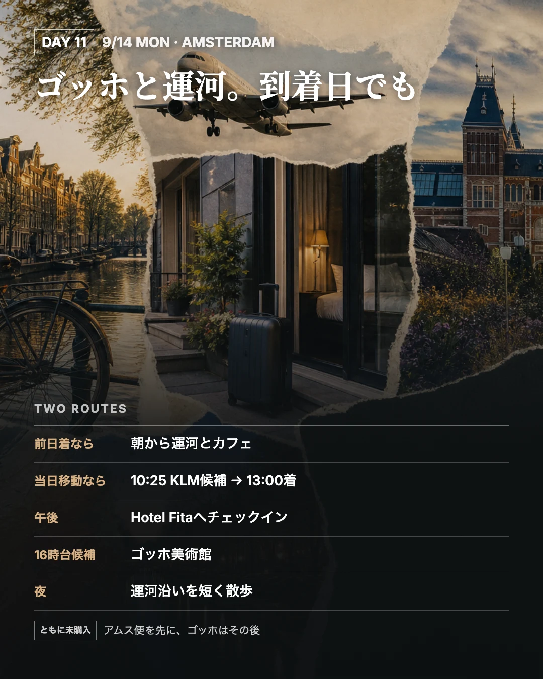 9月14日のアムス到着とゴッホ美術館候補の2ルートを重ねた旅行誌面