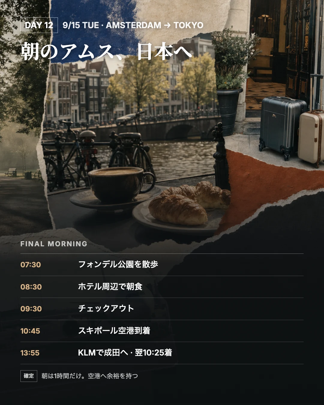 9月15日のフォンデル公園、空港、帰国便の時間割を重ねた旅行誌面